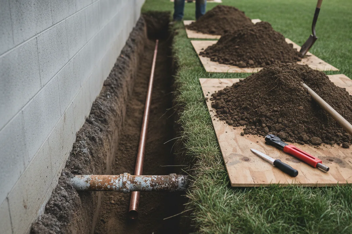 Excavated water line trench during Sewer Line Repair in Bancroft